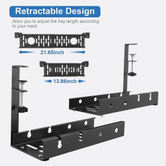 Under Desk Cable Management Tray, Retractable Cord Organizer for Desk, No Drill Cable Tray Basket for Wire Management, Sturdy Metal Cable Management Under Desk with Clamp for Home Office