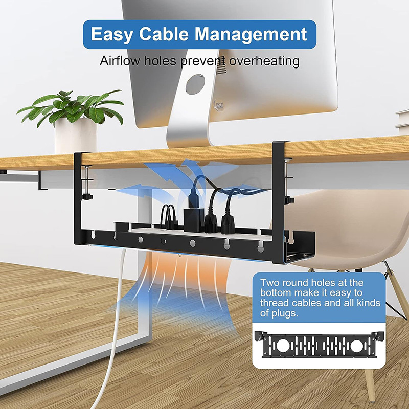 Under Desk Cable Management Tray, Retractable Cord Organizer for Desk, No Drill Cable Tray Basket for Wire Management, Sturdy Metal Cable Management Under Desk with Clamp for Home Office