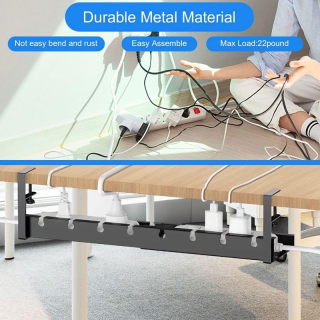 Under Desk Cable Management Tray, Retractable Cord Organizer for Desk, No Drill Steel Desk Cable Tray, Wire Management Tray Under Desk Cable Organizer with Clamp for Home Office, Black