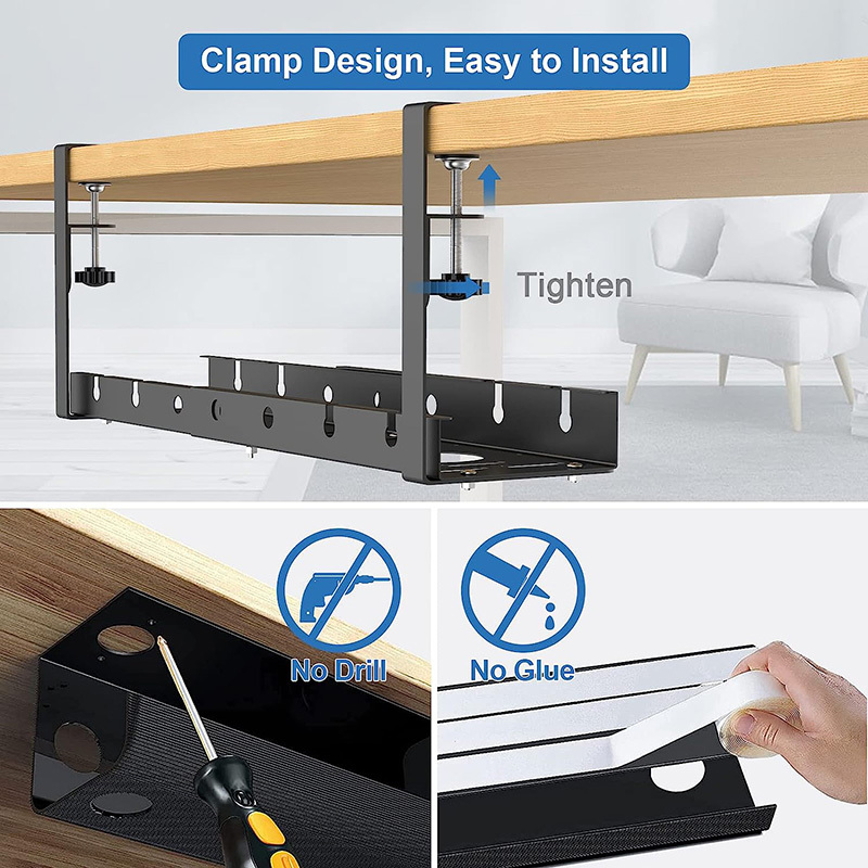 Under Desk Cable Management Tray, Retractable Cord Organizer for Desk, No Drill Cable Tray Basket for Wire Management, Sturdy Metal Cable Management Under Desk with Clamp for Home Office