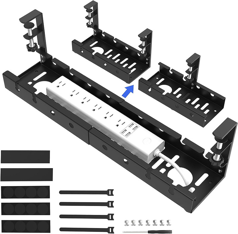 Under Desk Cable Management Tray, Retractable Cord Organizer for Desk, No Drill Cable Tray Basket for Wire Management, Sturdy Metal Cable Management Under Desk with Clamp for Home Office