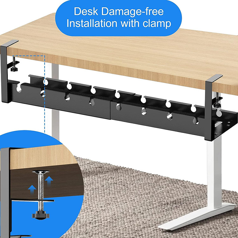 Under Desk Cable Management Tray, Retractable Cord Organizer for Desk, No Drill Steel Desk Cable Tray, Wire Management Tray Under Desk Cable Organizer with Clamp for Home Office, Black