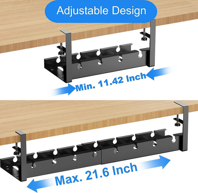 Under Desk Cable Management Tray, Retractable Cord Organizer for Desk, No Drill Steel Desk Cable Tray, Wire Management Tray Under Desk Cable Organizer with Clamp for Home Office, Black