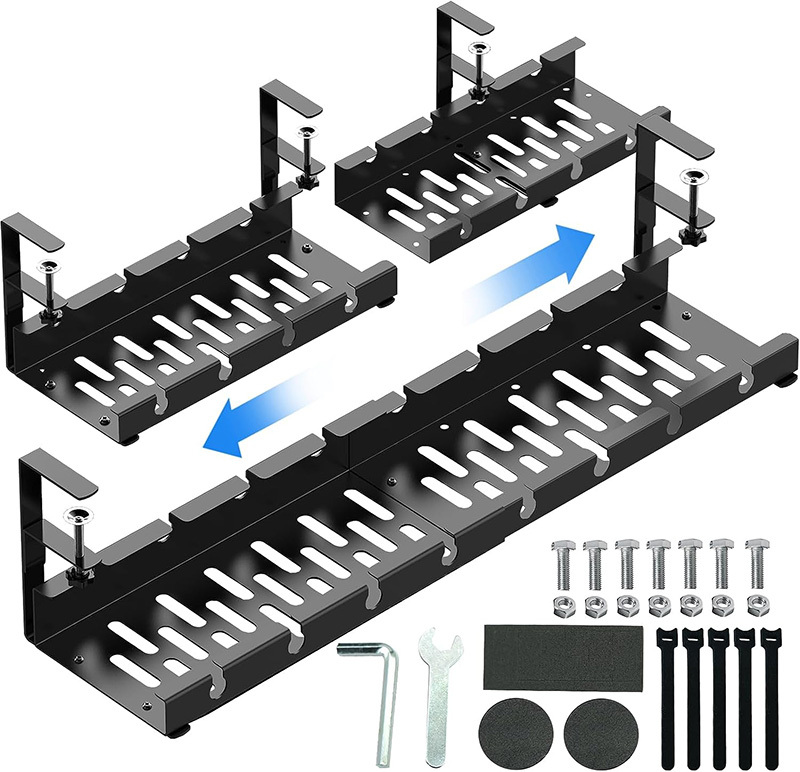Under Desk Cable Management Tray, Retractable Cord Organizer for Desk, No Drill Steel Desk Cable Tray, Wire Management Tray Under Desk Cable Organizer with Clamp for Home Office, Black