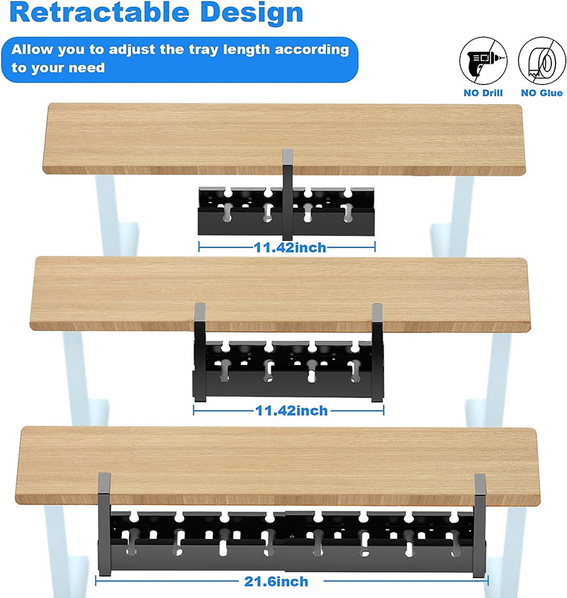 Under Desk Cable Management Tray, Retractable Cord Organizer for Desk, No Drill Steel Desk Cable Tray, Wire Management Tray Under Desk Cable Organizer with Clamp for Home Office, Black