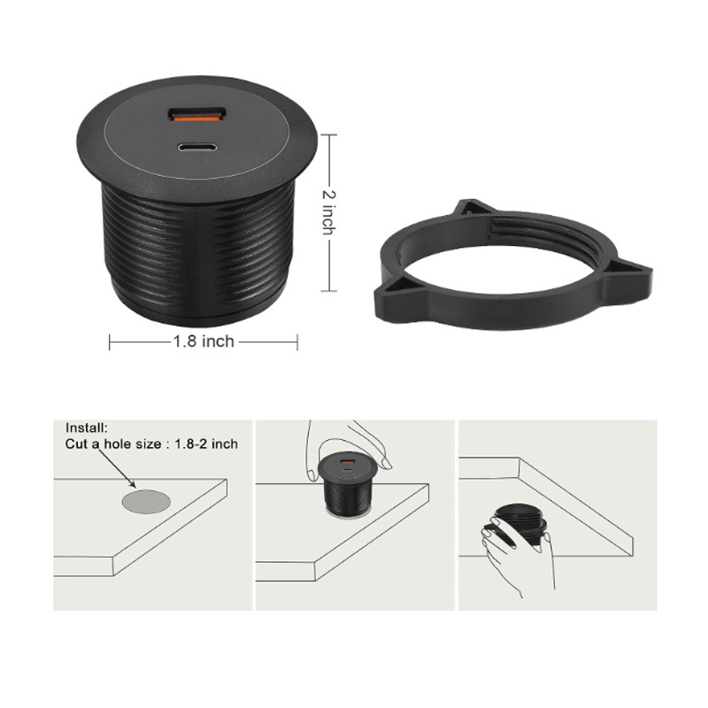 Desk USB Power Grommet Outlet USB3.0 Charging Station Built-in 1 USB-A and 1 USB-C Ports