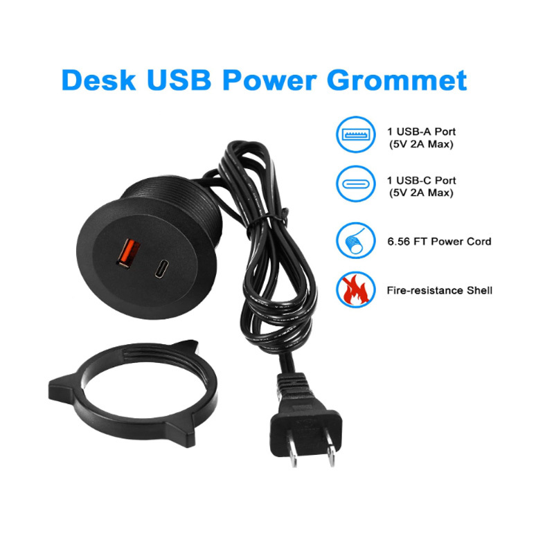 Desk USB Power Grommet Outlet USB3.0 Charging Station Built-in 1 USB-A and 1 USB-C Ports