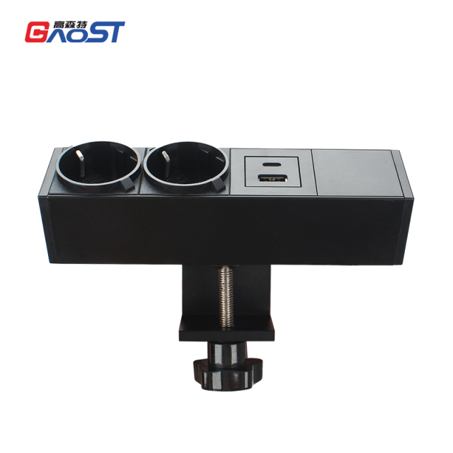 Desk Clamp Socket with 2 Schulo outlets USBA USBC charger print logo