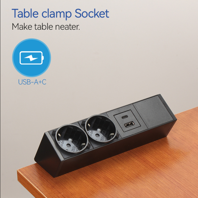 Desk Clamp Socket with 2 Schulo outlets USBA USBC charger print logo
