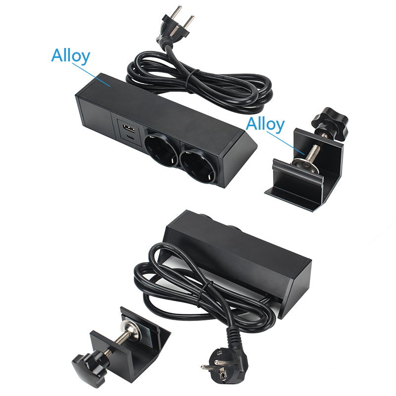 Desk Clamp Socket with 2 Schulo outlets USBA USBC charger print logo
