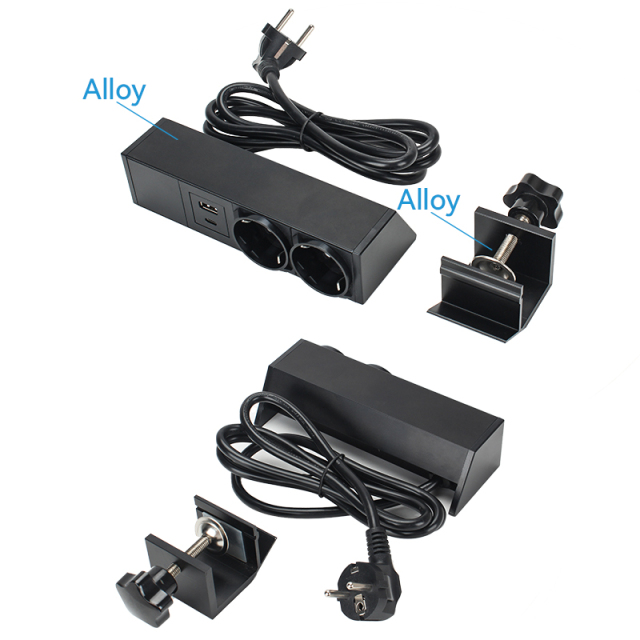 Desk Clamp Socket with 2 Schulo outlets USBA USBC charger print logo