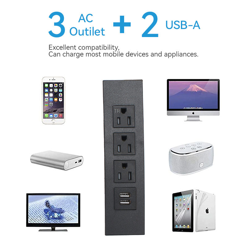 US Desktop Embedded Power Strip 2 USB Outlets Furniture Flush Mount Recessed Power Strip Outlet With 2 Outlets & 2 USB Ports For Desk