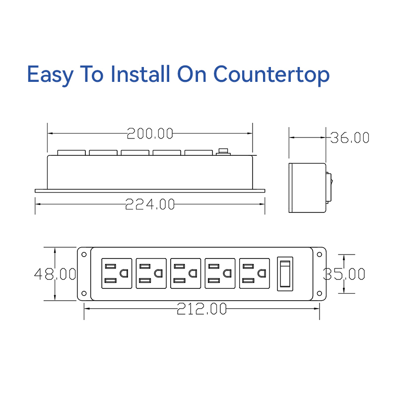 Conference US Recessed 6 Outlet Power Strip With USB Port 4 AC Outlets 2 USB Charging