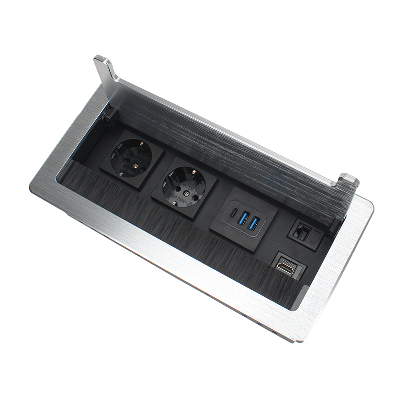 Recessed Office Meeting Table Pop up Desk Power Socket Outlet Aluminum Alloy Tabletop Socket with German Schuko Socket