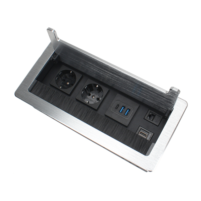 Recessed Office Meeting Table Pop up Desk Power Socket Outlet Aluminum Alloy Tabletop Socket with German Schuko Socket