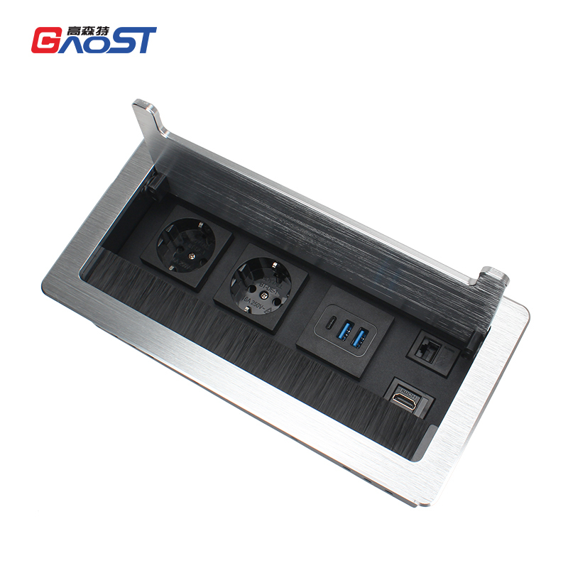 Recessed Office Meeting Table Pop up Desk Power Socket Outlet Aluminum Alloy Tabletop Socket with German Schuko Socket