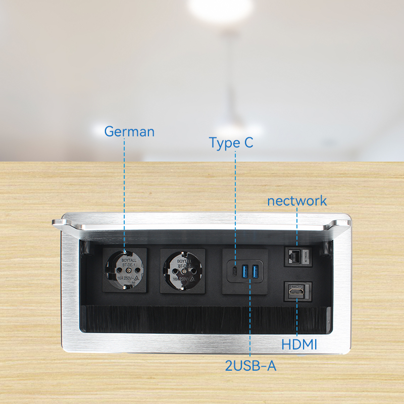 Recessed Office Meeting Table Pop up Desk Power Socket Outlet Aluminum Alloy Tabletop Socket with German Schuko Socket
