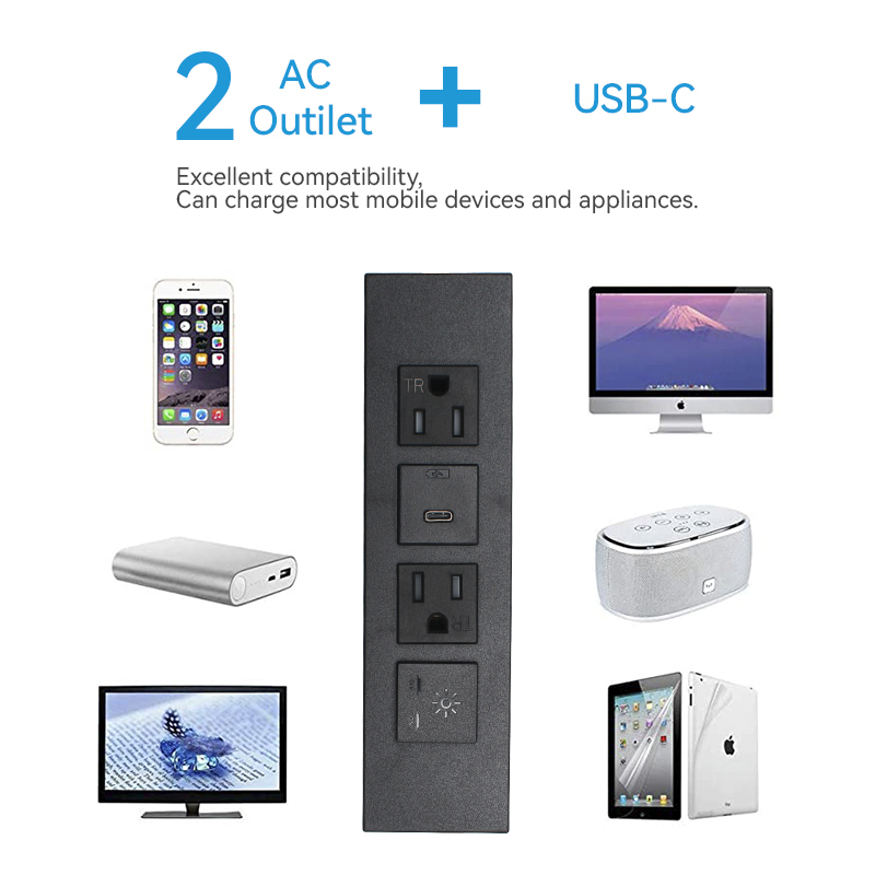 UL CUL Certified Desktop Built In Power Socket With 2 Power Outlets Type C Charging Light Switch For Hotel Furniture