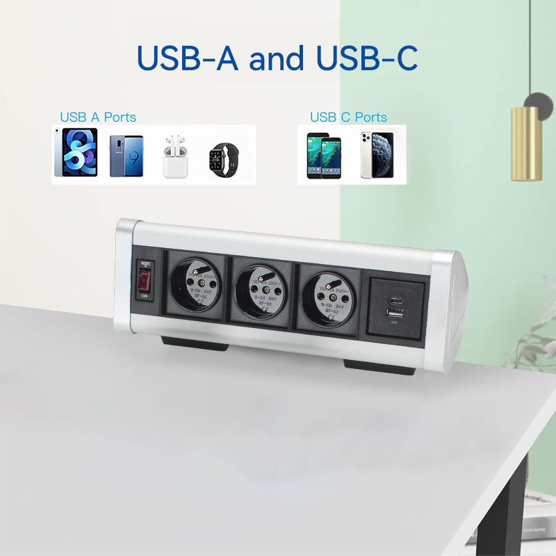 France Clamp Socket With Switch 3 Outlets 1 USB-A/C Charging