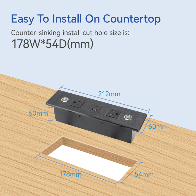 US Desktop Recessed Socket 2 Outlets With Switch 1 USB-A/C Charging