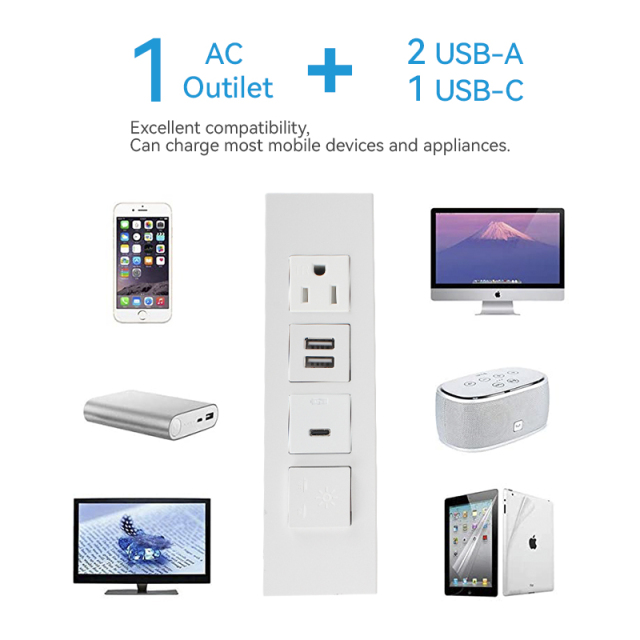 2 USB-A And 1 USB-C Charging US Desktop Recessed Socket With Switch