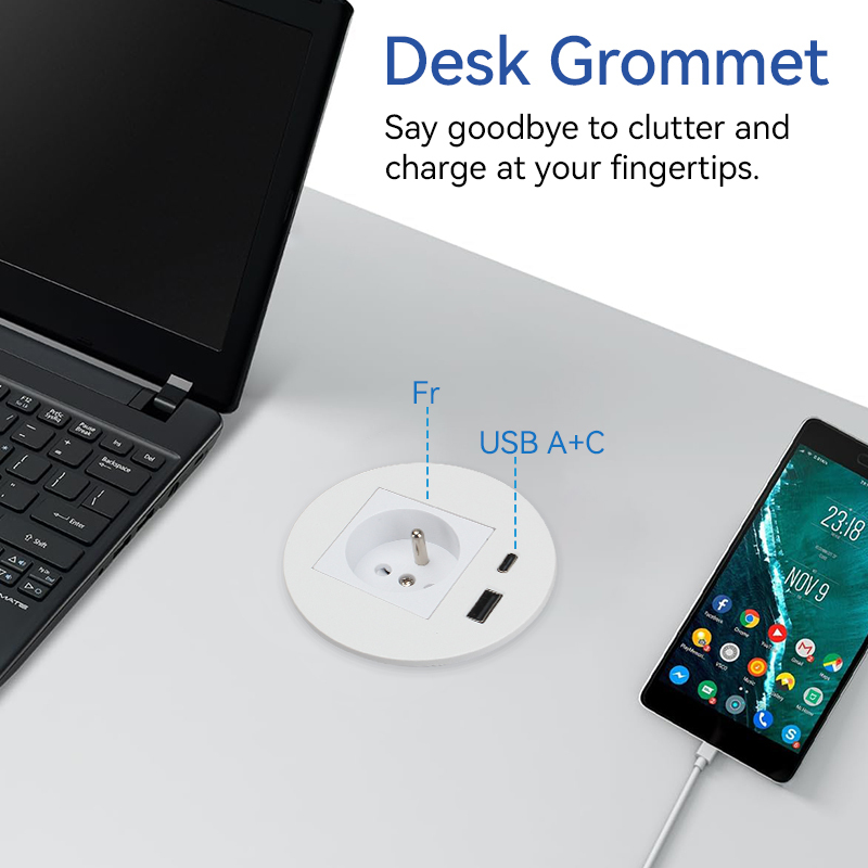 France Desktop Built In Round Socket With 1 USB-A/C For Hotel Furniture