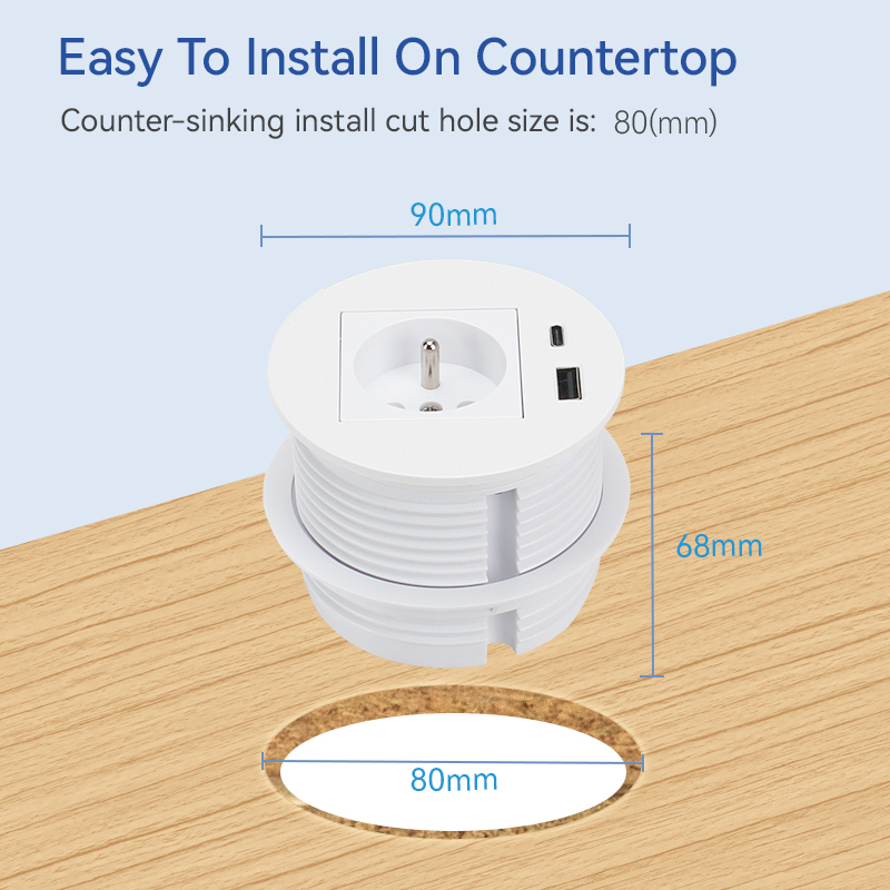 France Desktop Built In Round Socket With 1 USB-A/C For Hotel Furniture