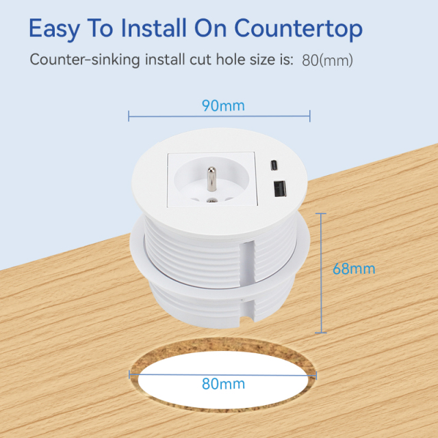 France Desktop Built In Round Socket With 1 USB-A/C For Hotel Furniture