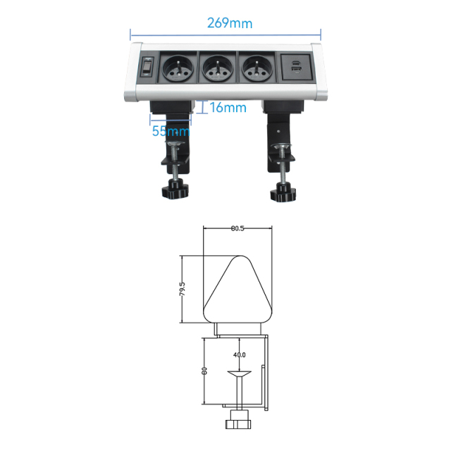France Clamp Socket With Switch 3 Outlets 1 USB-A/C Charging