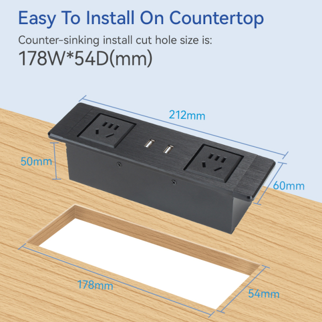 High Quality Alloy Desktop Recessed power Socket With 2 China Outlets+2 USB Charging