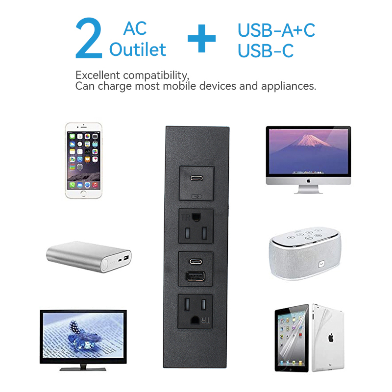US Desktop Recessed Power Strip With 2 US TR Outlets+1 USB-A +2 USB-C