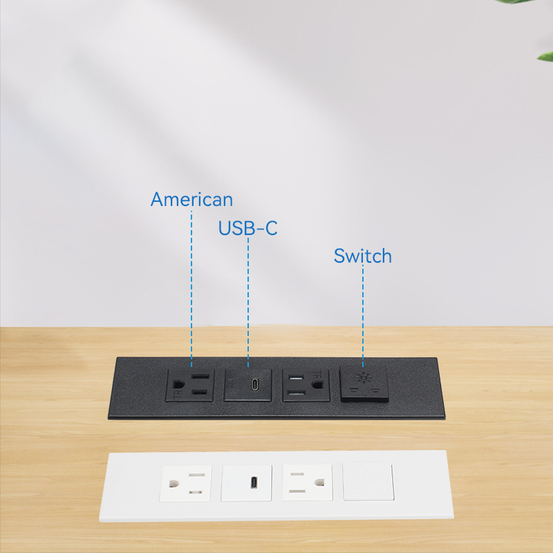 US Safety Power Socket 2 TR US Outlets 1 USB-C With 1 Light Switch For Furniture Countertop