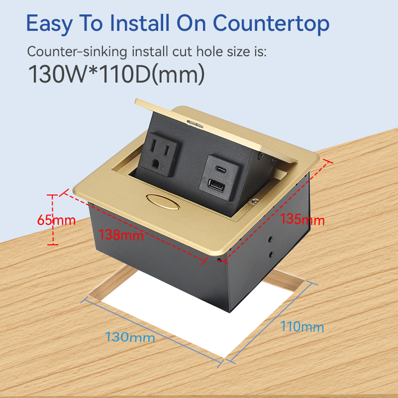 US Golden Desktop Pop Up Power Socket With 1 US TR Outlet +1 USB-A/C