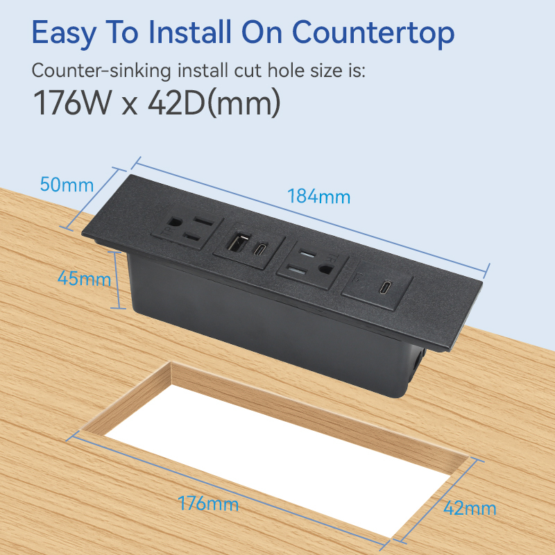 US Desktop Recessed Power Strip With 2 US TR Outlets+1 USB-A +2 USB-C
