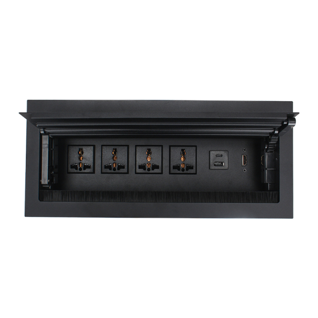 Conference Brushed Double Flip Multimedia Socket Box 4 Universal Outlets+1 USB-A/C Charging+HDMI