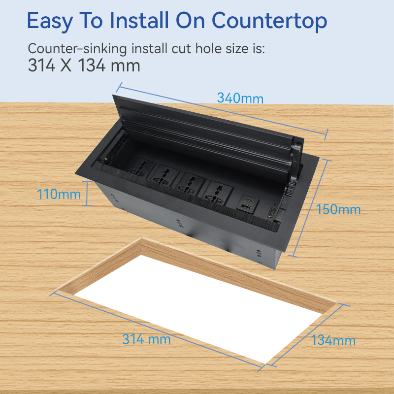Conference Brushed Double Flip Multimedia Socket Box 4 Universal Outlets+1 USB-A/C Charging+HDMI