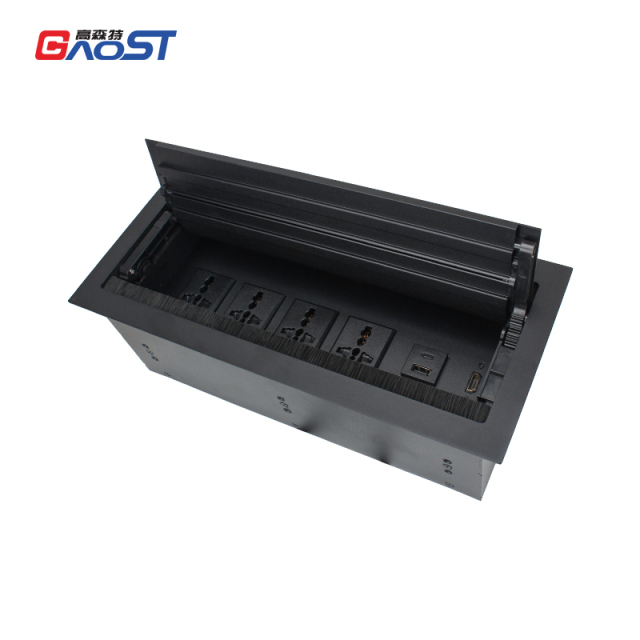 Conference Brushed Double Flip Multimedia Socket Box 4 Universal Outlets+1 USB-A/C Charging+HDMI
