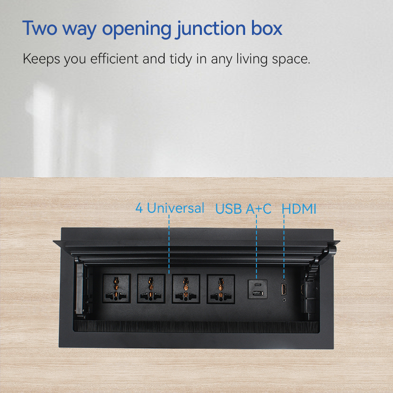 Conference Brushed Double Flip Multimedia Socket Box 4 Universal Outlets+1 USB-A/C Charging+HDMI