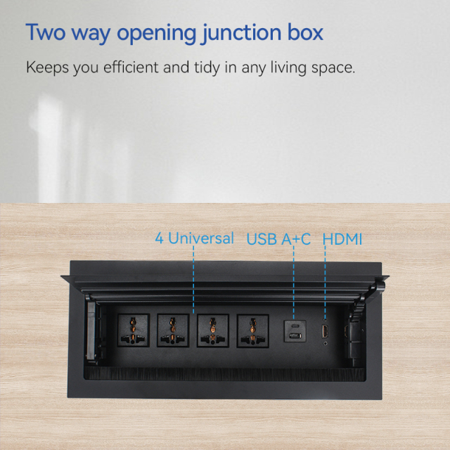 Conference Brushed Double Flip Multimedia Socket Box 4 Universal Outlets+1 USB-A/C Charging+HDMI