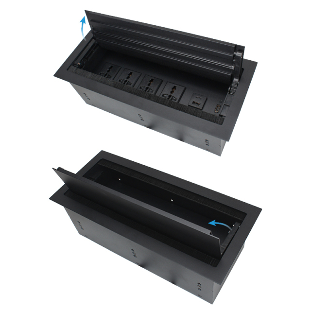 Conference Brushed Double Flip Multimedia Socket Box 4 Universal Outlets+1 USB-A/C Charging+HDMI
