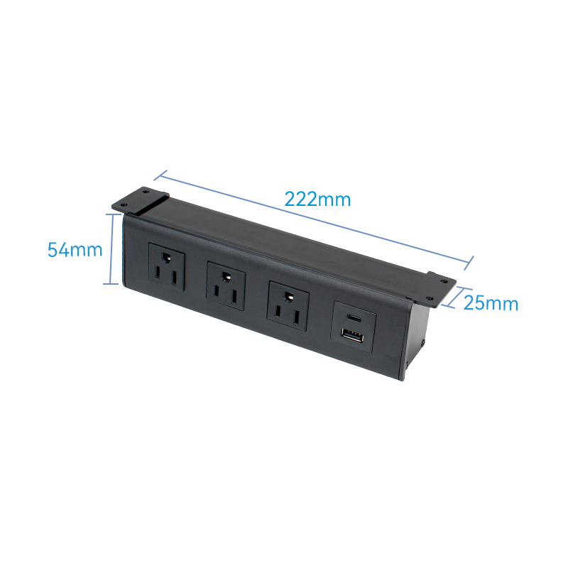 Alloy Panel Under Desk Power Socket 3 US Outlets With 1 USB-A/C