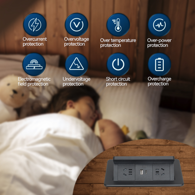 Table Pop UP Safety Power Socket With 2 China Outlets 1 PD65W USB-A/C Charging Inductive Charging