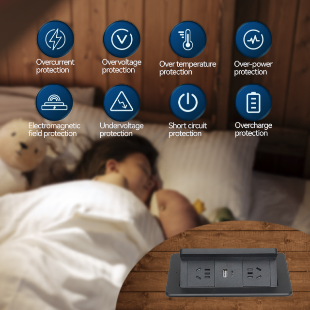 Table Pop UP Safety Power Socket With 2 China Outlets 1 PD65W USB-A/C Charging Inductive Charging