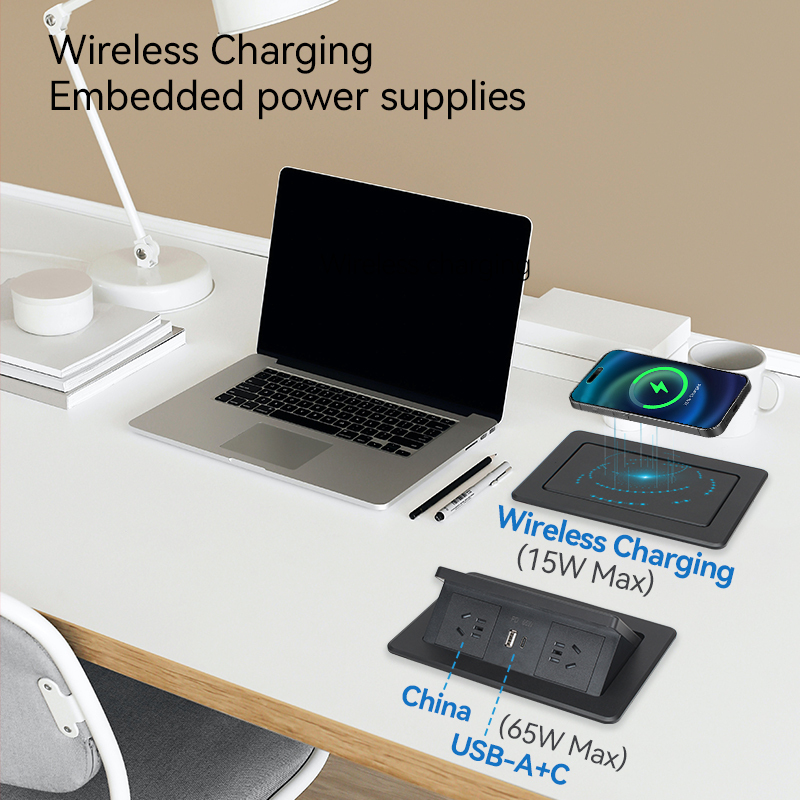 Table Pop UP Safety Power Socket With 2 China Outlets 1 PD65W USB-A/C Charging Inductive Charging