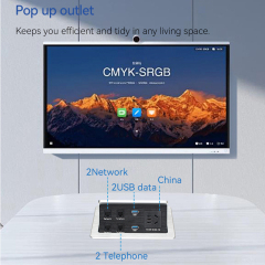 Multi-functional Desktop Pneumatic Pop Up Socket With 2 CAT3/6 2 USB-A Data Ports 1 China Outlet