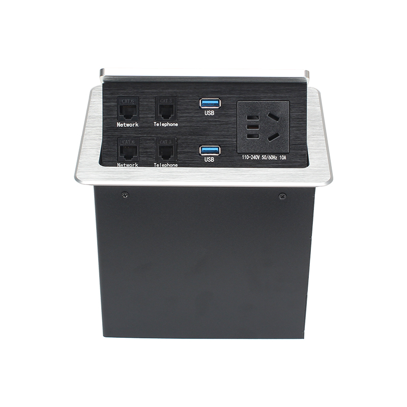 Multi-functional Desktop Pneumatic Pop Up Socket With 2 CAT3/6 2 USB-A Data Ports 1 China Outlet