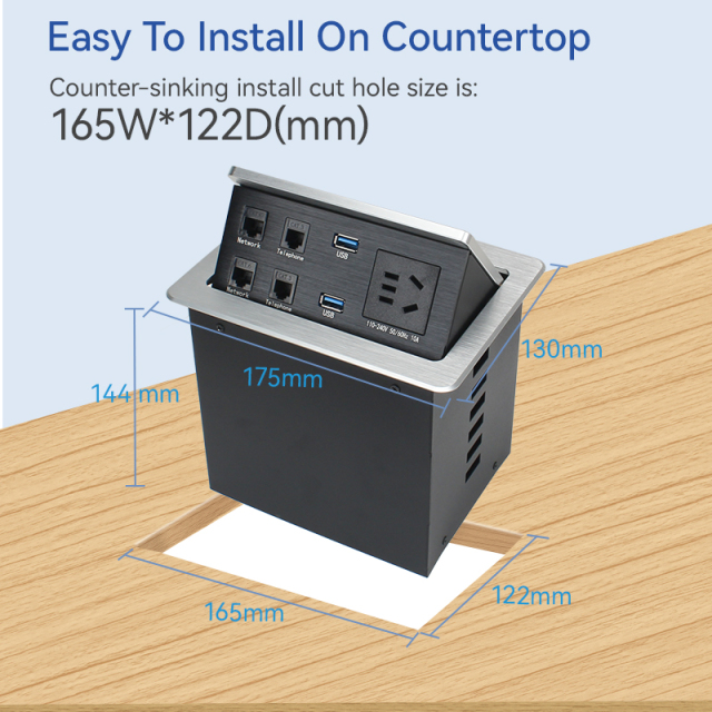 Multi-functional Desktop Pneumatic Pop Up Socket With 2 CAT3/6 2 USB-A Data Ports 1 China Outlet