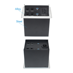 Multi-functional Desktop Pneumatic Pop Up Socket With 2 CAT3/6 2 USB-A Data Ports 1 China Outlet