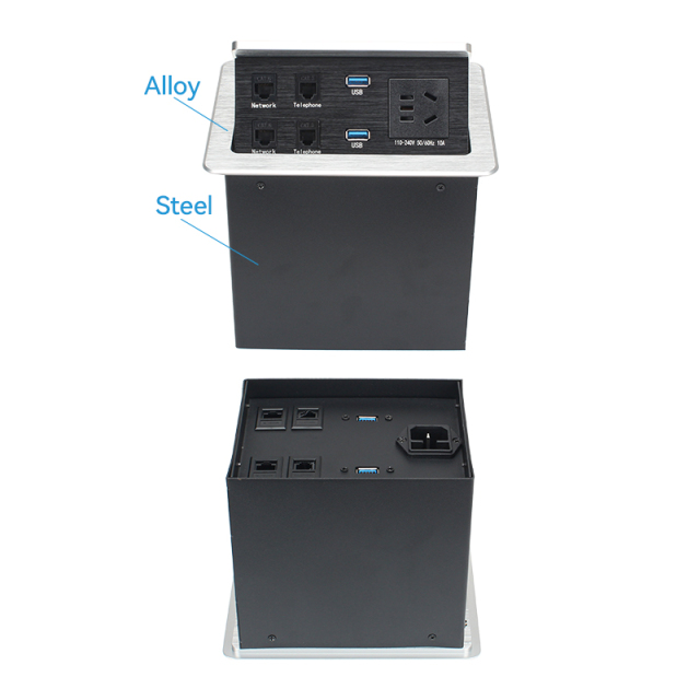 Multi-functional Desktop Pneumatic Pop Up Socket With 2 CAT3/6 2 USB-A Data Ports 1 China Outlet