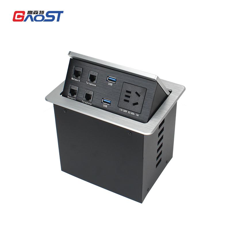 Multi-functional Desktop Pneumatic Pop Up Socket With 2 CAT3/6 2 USB-A Data Ports 1 China Outlet